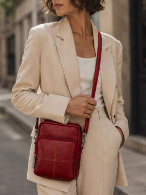 TANN IN Red Leather Leather Sling bag CAM 7 x 8 inch