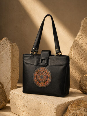 TANN IN Genuine Leather Ladies handbag - Handmade with Shantiniketan motif print Handbag for Women
