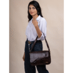 TANN IN Women’s Handcrafted Textured Genuine Leather Black Shoulder Bag – Elegant Crossbody Purse for Office, Casual & Party Use