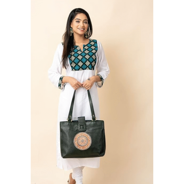 Genuine Leather Ladies handbag - Handmade with Shantiniketan motif print Handbag for Women