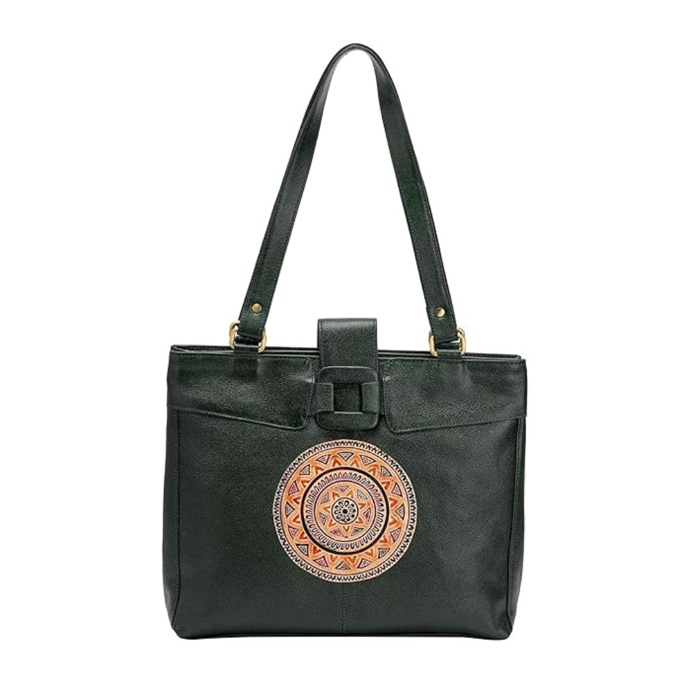 Genuine Leather Ladies handbag - Handmade with Shantiniketan motif print Handbag for Women