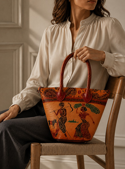 TANN IN Shantiniketan Leather Shoulder bag | Handcrafted Traditional Printed Handbag for Women 8 x 8 inches - small