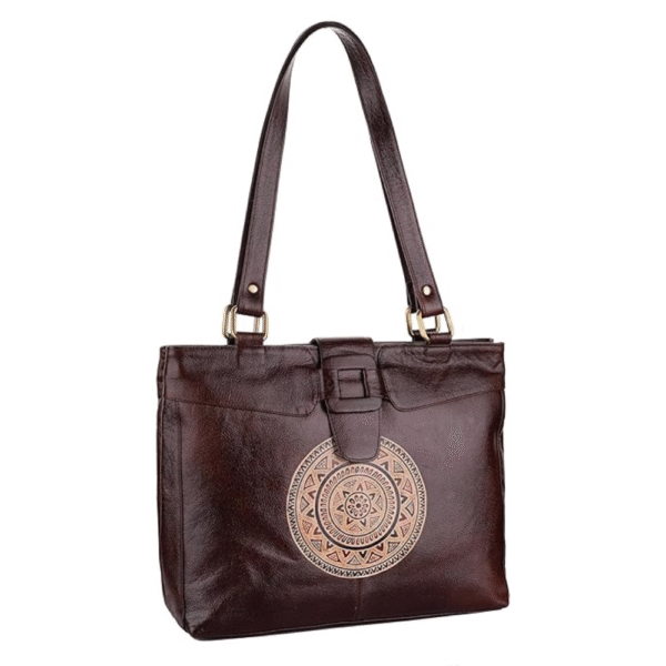 Genuine Leather Ladies handbag - Handmade with Shantiniketan motif print Handbag for Women