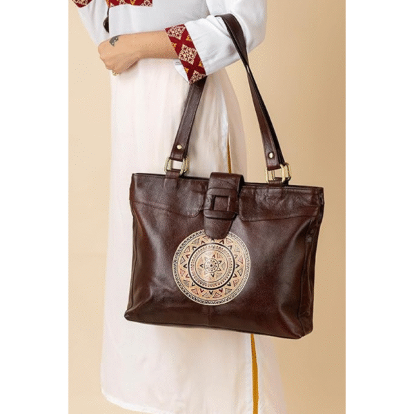 Genuine Leather Ladies handbag - Handmade with Shantiniketan motif print Handbag for Women