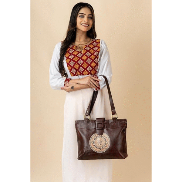 Genuine Leather Ladies handbag - Handmade with Shantiniketan motif print Handbag for Women