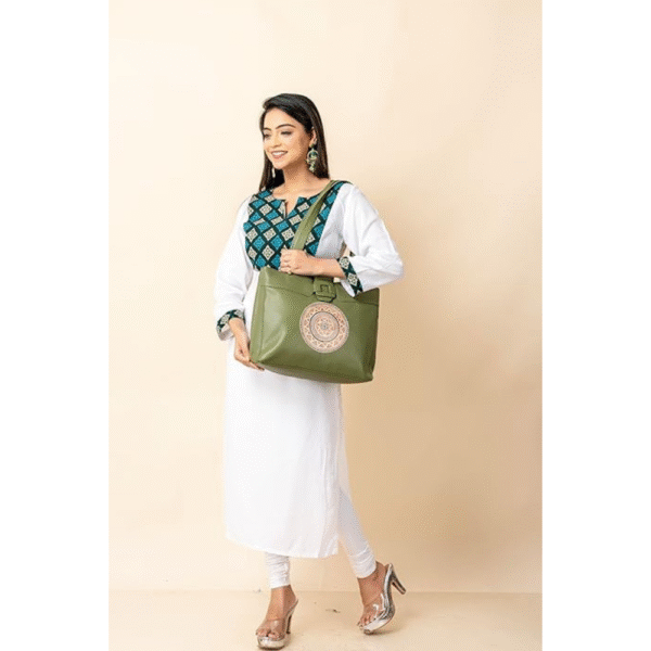 Genuine Leather Ladies handbag - Handmade with Shantiniketan motif print Handbag for Women