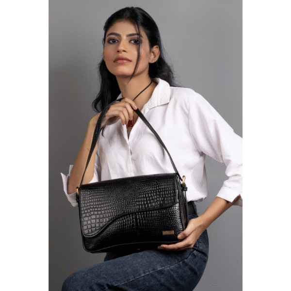 Women’s Handcrafted Textured Genuine Leather Black Shoulder Bag – Elegant Crossbody Purse for Office, Casual & Party Use