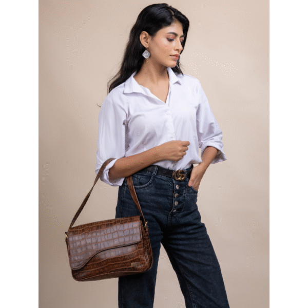 TANN IN Women’s Handcrafted Textured Genuine Leather Black Shoulder Bag – Elegant Crossbody Purse for Office, Casual & Party Use