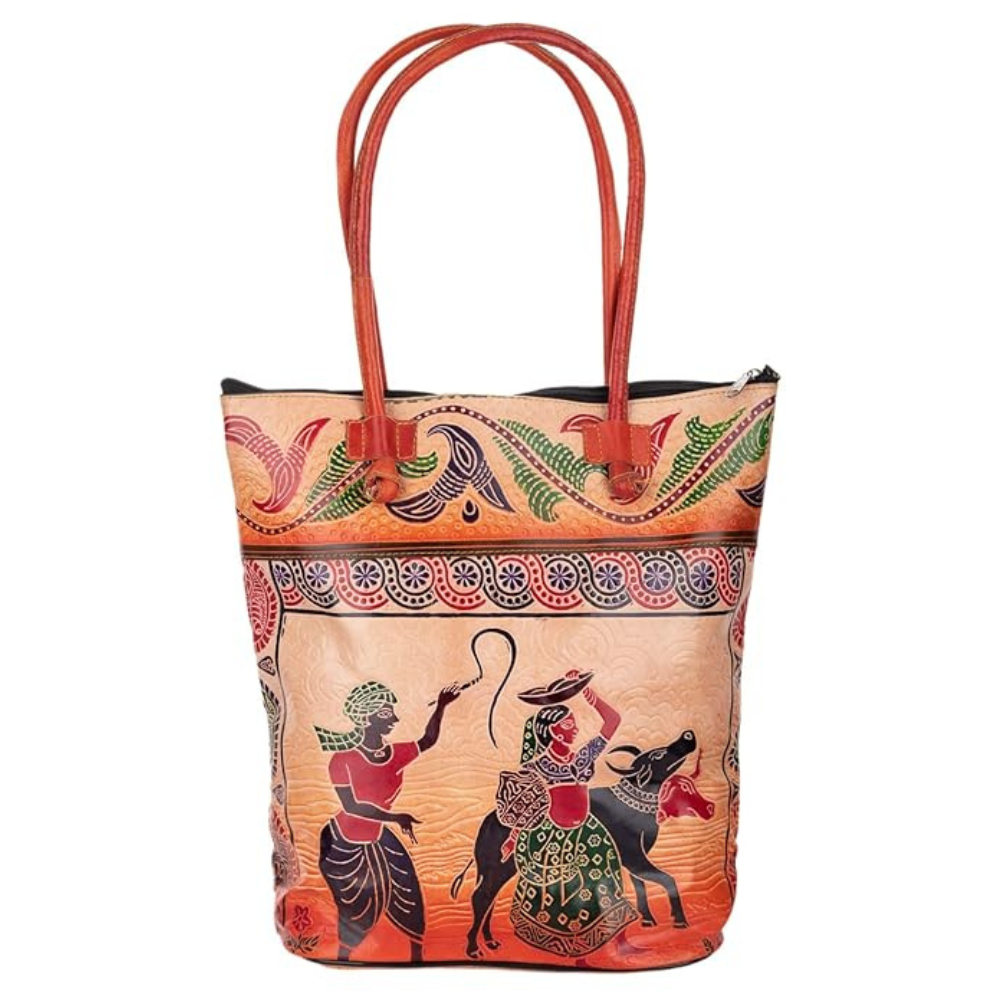 Shantiniketan Leather Shoulder bag | Traditional Printed Handbag for Women|14 inch Multicolor