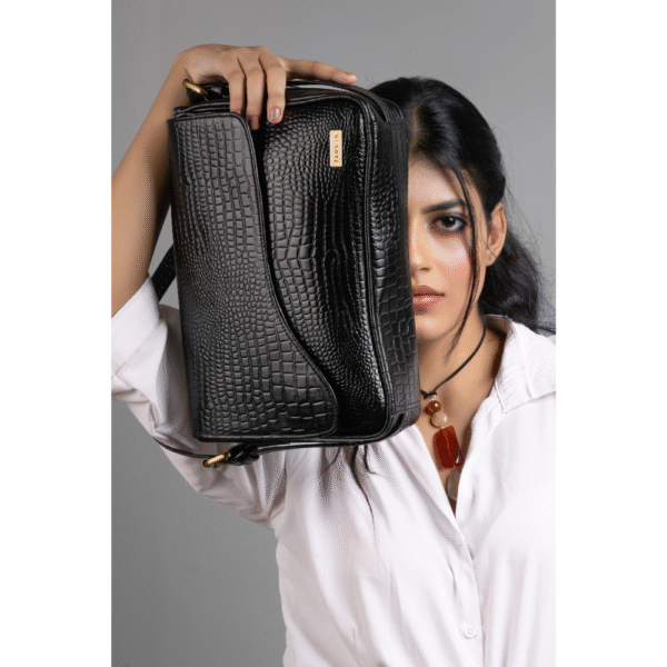 Women’s Handcrafted Textured Genuine Leather Black Shoulder Bag – Elegant Crossbody Purse for Office, Casual & Party Use