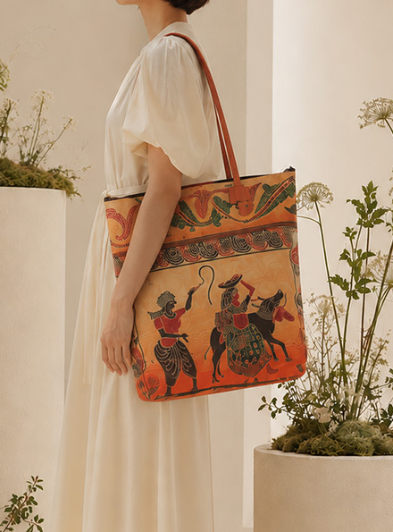 TANN IN Shantiniketan Leather Shoulder bag | Traditional Printed Handbag for Women|14 inch Multicolor
