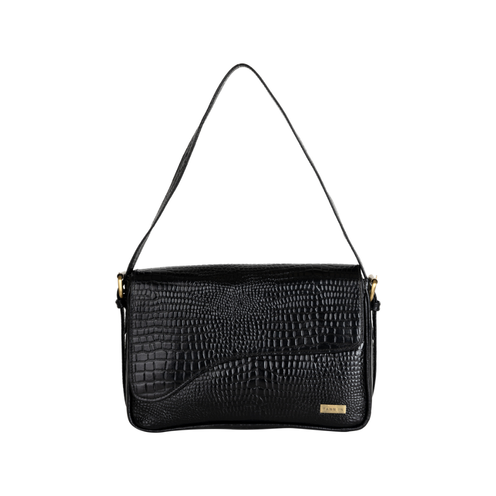 Women’s Handcrafted Textured Genuine Leather Black Shoulder Bag – Elegant Crossbody Purse for Office, Casual & Party Use