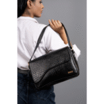 Women’s Handcrafted Textured Genuine Leather Black Shoulder Bag – Elegant Crossbody Purse for Office, Casual & Party Use