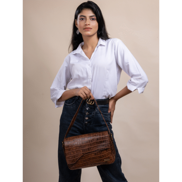 TANN IN Women’s Handcrafted Textured Genuine Leather Black Shoulder Bag – Elegant Crossbody Purse for Office, Casual & Party Use