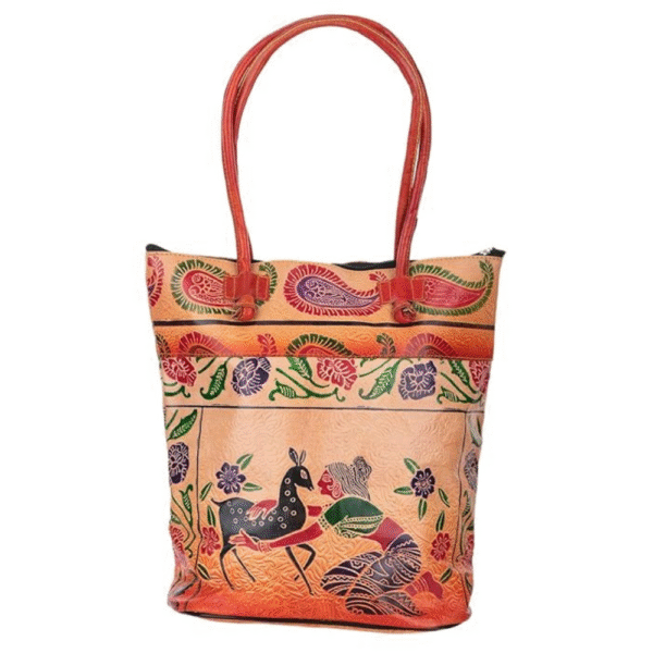 Shantiniketan Leather Shoulder bag | Traditional Printed Handbag for Women|14 inch Multicolor