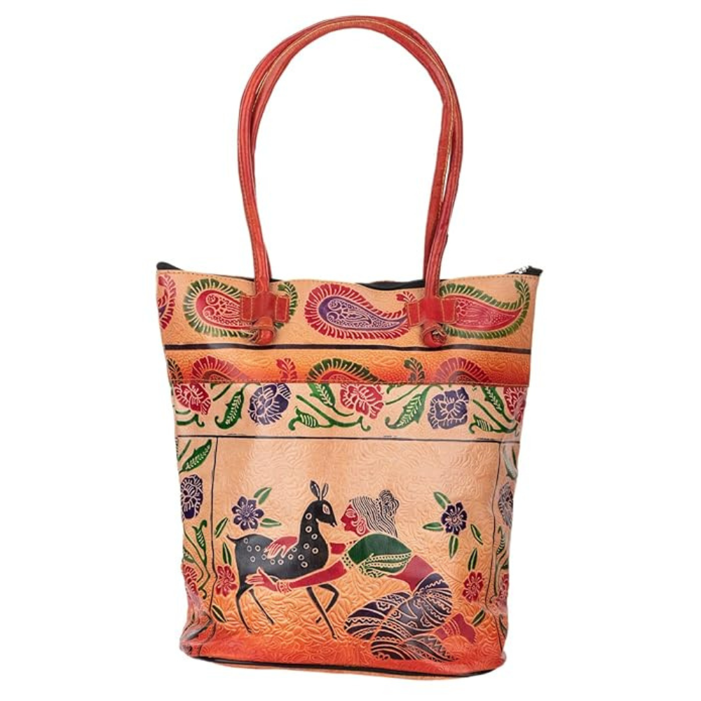 Shantiniketan Leather Shoulder bag | Traditional Printed Handbag for Women|14 inch Multicolor