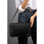 Women’s Handcrafted Textured Genuine Leather Black Shoulder Bag – Elegant Crossbody Purse for Office, Casual & Party Use