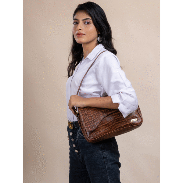 TANN IN Women’s Handcrafted Textured Genuine Leather Black Shoulder Bag – Elegant Crossbody Purse for Office, Casual & Party Use