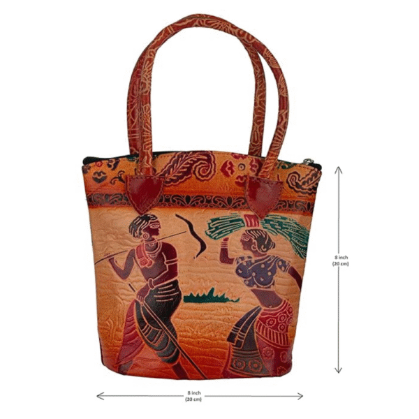 Shantiniketan Leather Shoulder bag | Handcrafted Traditional Printed Handbag for Women 8 x 8 inches - small