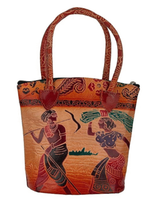 Shantiniketan Leather Shoulder bag | Handcrafted Traditional Printed Handbag for Women 8 x 8 inches - small
