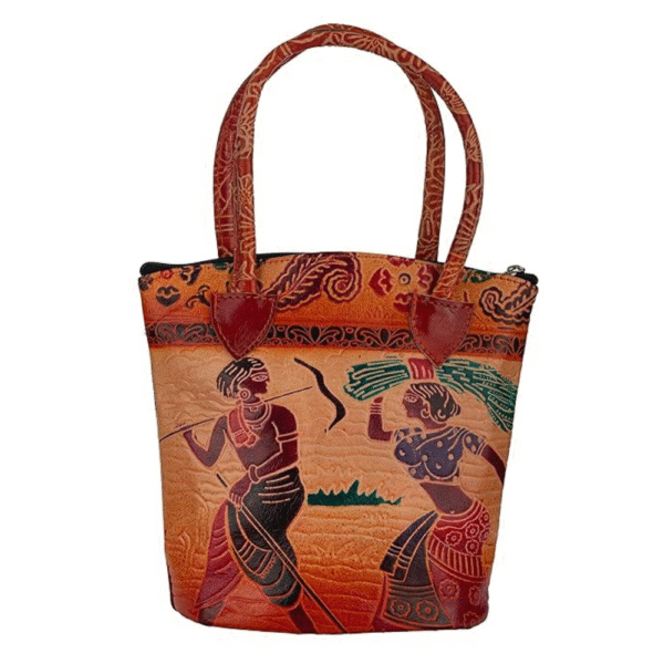 Shantiniketan Leather Shoulder bag | Handcrafted Traditional Printed Handbag for Women 8 x 8 inches - small