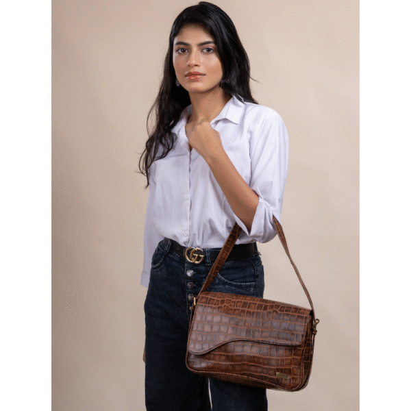 TANN IN Women’s Handcrafted Textured Genuine Leather Black Shoulder Bag – Elegant Crossbody Purse for Office, Casual & Party Use