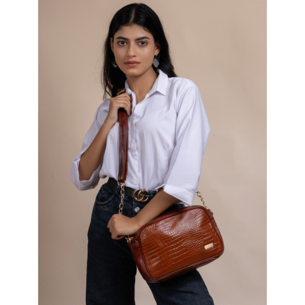 TANN IN Textured Leather Handcrafted Brown Sling Bag for Women – Stylish Shoulder & Crossbody Purse