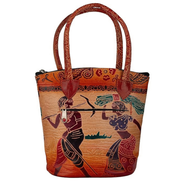 Shantiniketan Leather Shoulder bag | Handcrafted Traditional Printed Handbag for Women 8 x 8 inches - small