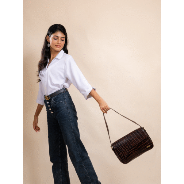 TANN IN Women’s Handcrafted Textured Genuine Leather Black Shoulder Bag – Elegant Crossbody Purse for Office, Casual & Party Use