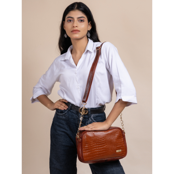 TANN IN Textured Leather Handcrafted Brown Sling Bag for Women – Stylish Shoulder & Crossbody Purse