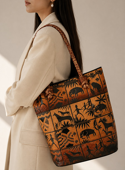 TANN IN Jungle Forest Design Ethnic Hand Embossed Shantiniketan Leather Indian Bag (Brown)