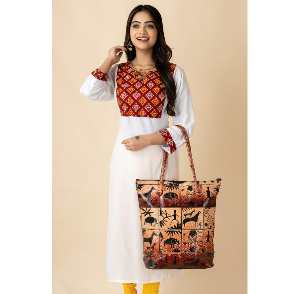 TANN IN Jungle Forest Design Ethnic Hand Embossed Shantiniketan Leather Indian Bag (Brown)