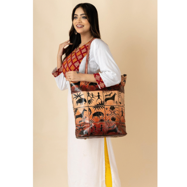TANN IN Jungle Forest Design Ethnic Hand Embossed Shantiniketan Leather Indian Bag (Brown)