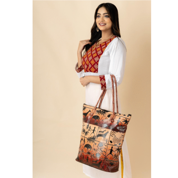 TANN IN Jungle Forest Design Ethnic Hand Embossed Shantiniketan Leather Indian Bag (Brown)